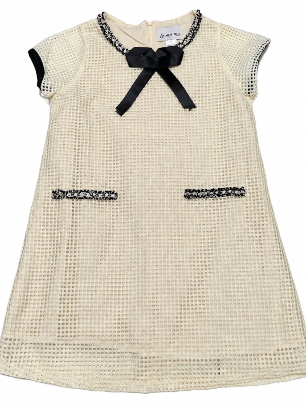 Le Mo Mo Girls Dress Size 6 Ivory Black Bow Textured A Line Special Occasion
